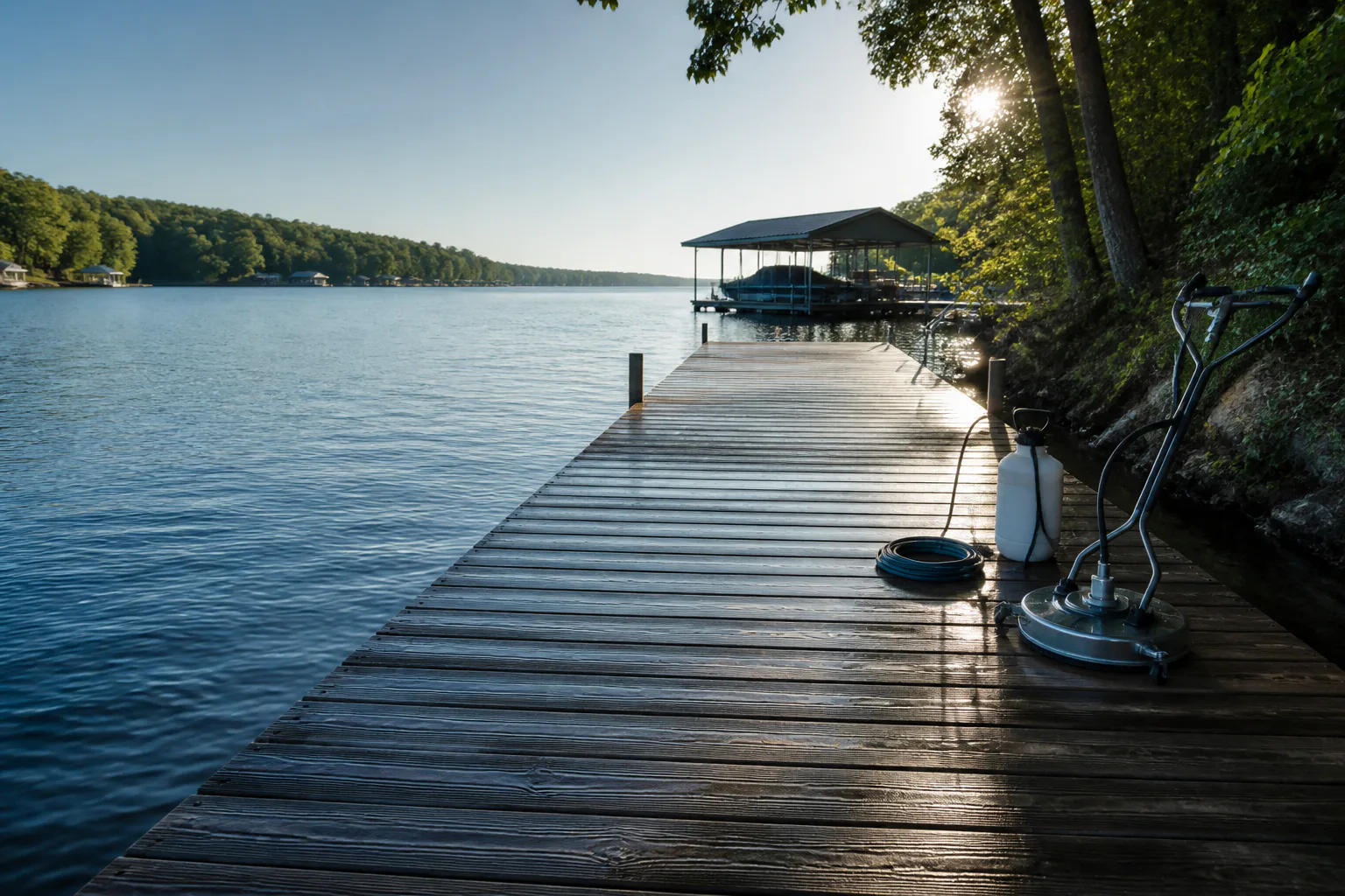 Freshly cleaned residential dock on a quiet Lake of the Ozarks cove